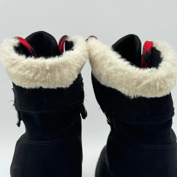 Jellypop Black Heeled Ankle Boots Red Plaid Laces Faux Fur Trim Lug Sole Size 9M - Picture 10 of 13
